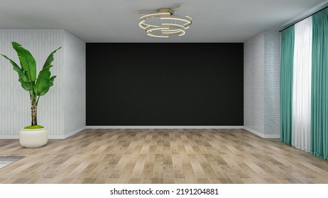 USA - August 17, 2022: Stylish Modern  Room With Clean Empty Black Wall And Green Plant, Realistic 3D Illustration Of The Interior, Suitable For Using In Video Conference And As A Virtual Background.