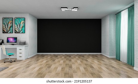 USA - August 17, 2022: Stylish Home Office Room With Clean Empty Black Wall, Realistic 3D Illustration Of The Interior, Suitable For Using In Video Conference And As A Virtual Background.