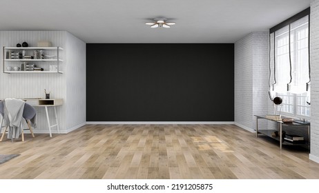 USA - August 17, 2022: Stylish Scandinavian Home Office Room With Clean Empty Black Wall, Realistic 3D Illustration Of The Interior, Suitable For Using In Video Conference And As A Virtual Background.