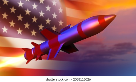 USA Ballistic Missile Launch. Modern Strategic Nuclear Rocket Weapons In America. Military Concept. Cruise Missile On The Background Of US Flag. Air Force. Offensive And Defensive Weapons. 3d Image