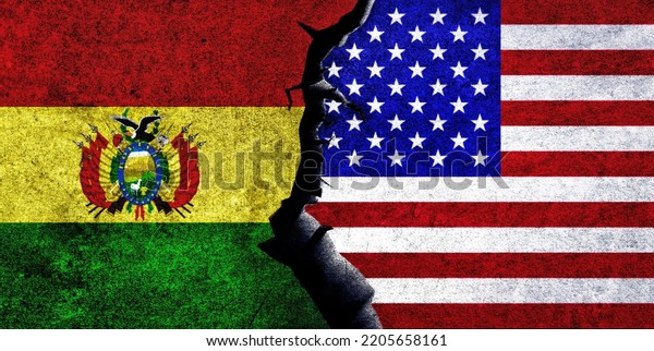 USA and Bolivia flags together. Bolivia and\
United States of America relation, conflict, economy, criss\
concept. USA vs\
Bolivia