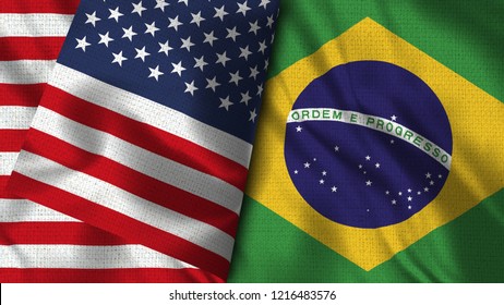 USA And Brazil - 3D Illustration Two Flag Together - Fabric Texture