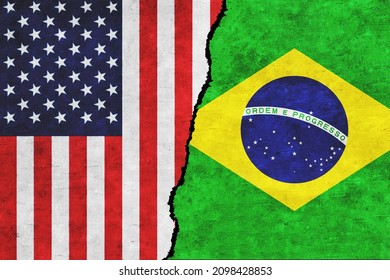 USA and Brazil painted flags on a wall with a crack. USA and Brazil relations. Brazil and United States of America flags together. USA vs Brazil