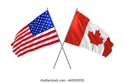 USA and Canada crossed flags waving in the wind as sign of cooperation or sport competition or diplomatic meeting event. 3d illustration