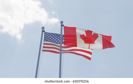 USA and Canada flags waving against blue sky. 3d image