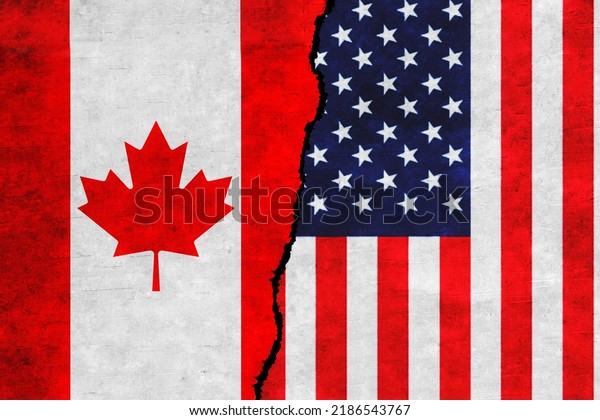 USA and Canada painted flags on a wall with a\
crack. United States of America and Canada relations. Canada and\
USA flags together