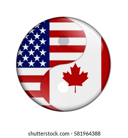 USA And Canada Working Together, The US Flag And Canadian Flag On A Yin Yang Symbol Isolated Over White 3D Illustration