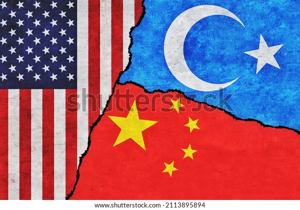 USA,\
China and East Turkestan painted flags on a wall with a crack.\
United States of America, Uyghur and China\
relations