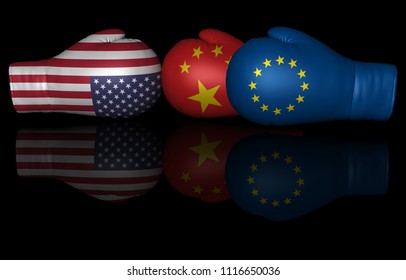 Usa China Eu Tariffs Trade War Duty Us United States European Union Euro Zone 3d Illustration Boxing Gloves Fighting Sign Isolated On Black Background