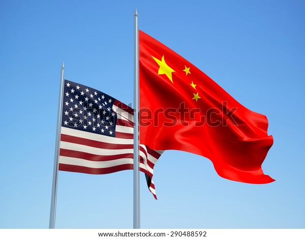 風になびく米国と中国の国旗 3dイラスト のイラスト素材