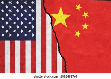USA and China painted flags on a wall with a crack. USA and China relations. China and United States of America flags together. USA vs China