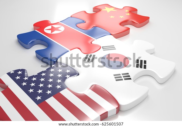 ジグソーパズルのピース 政治的関係のコンセプトに米国 中国 韓国 北朝鮮が国旗を掲げる 3dレンダリングとイラスト のイラスト素材