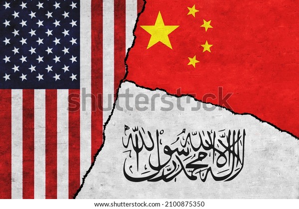 USA, China\
and Taliban painted flags on a wall with a crack. United States of\
America, China and Taliban\
relations