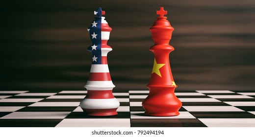 Relaciones comerciales entre Estados Unidos y China, estrategia de cooperación. Banderas de Estados Unidos y China en los reyes de ajedrez en un tablero de ajedrez. Ilustración 3d