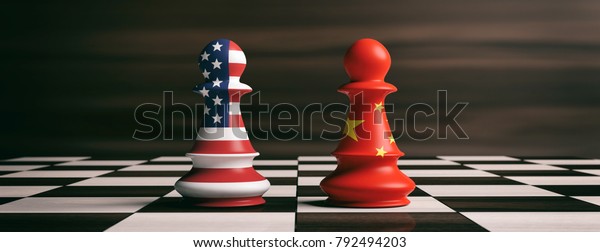 USA and China trade relations, cooperation\
strategy. US America and China flags on chess pawns soldiers on a\
chessboard. 3d\
illustration