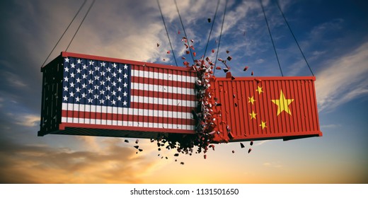 USA and China trade war. US of America and chinese flags crashed containers on sky at sunset background. 3d illustration