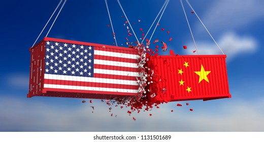 USA and China trade war. US of America and chinese flags crashed containers on blue sky background. 3d illustration