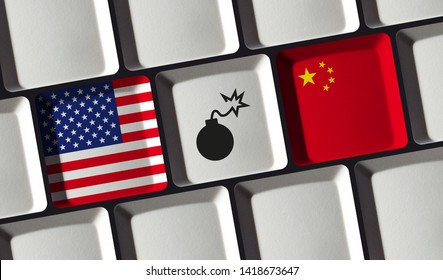 USA And China Trade War - US American Flag, Chinese Flag In Between A Bomb Icon On Keyboard