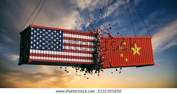 USA and China trade war. US of America and\
chinese flags crashed containers on sky at sunset background. 3d\
illustration