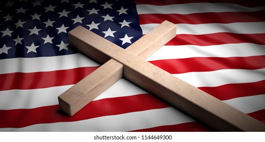 USA and christianity. Christian cross on American flag background. 3d illustration