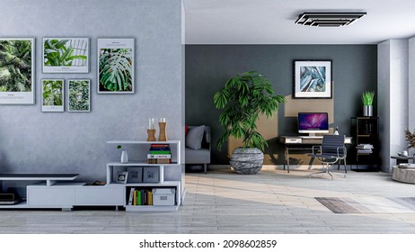 USA - December 30, 2021: Home Office Room Interior, Photorealistic 3D Illustration Of The Interior, Suitable For Using In Video Conference And As A Virtual Background.