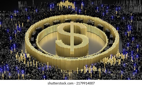 USA Dollar Symbol In An Abstract Microstructure Of Black And Gold Blocks. 3d Rendering Image. Futuristic Concept Art. Blockchain Technology.