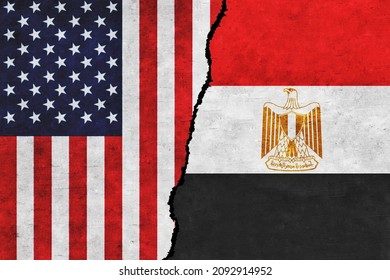 USA and Egypt painted flags on a wall with a crack. USA and Egypt relations. Egypt and United States of America flags together. USA vs Egypt