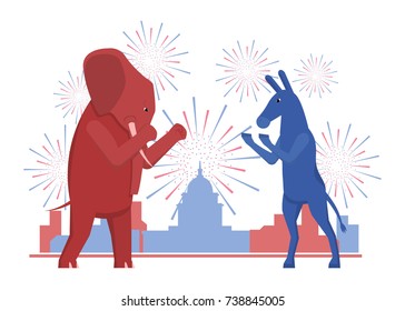 The USA elections result illustration. Democratic donkey and republican elephant contest result.