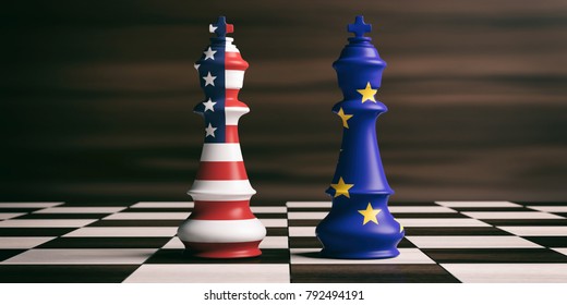 Concepto de cooperación entre Estados Unidos y la UE. Banderas de Estados Unidos de América y la Unión Europea en reyes de ajedrez en tablero de ajedrez, fondo de madera marrón. Ilustración 3d