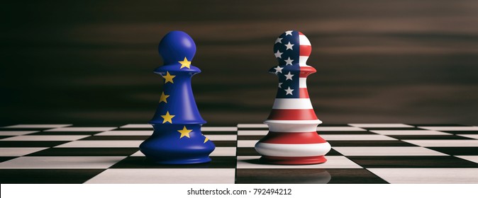 Concepto de cooperación entre Estados Unidos y la UE. Las banderas de Estados Unidos y de la Unión Europea en el ajedrez detienen a los soldados en un tablero. Ilustración 3d