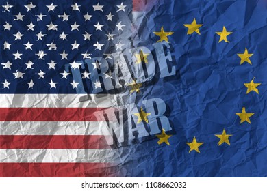 USA And Europe - Trade War Text On Flags Background