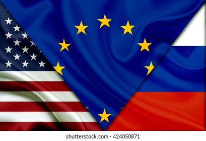 USA, European Union Ans Russia Flags