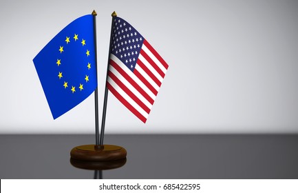 USA And European Union Bilateral Relations Concept With EU And US Flag On Grey Background 3D Illustration.