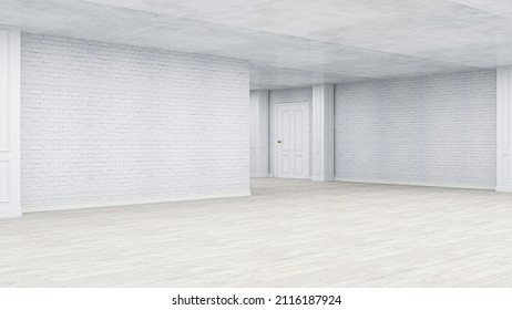 USA - February 01, 2022: White Empty Hall With Brick Walls, Photorealistic 3D Illustration Of The Interior, Suitable For Using In Video Conference And As A Virtual Background.