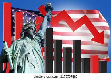 USA Financial Crisis. Graph Of Crisis In Front Of Statue Of Liberty. USA Flag With Red Down Arrow. Economic Crisis Infographic On Blue. Concept Of Inflation And Rising Prices In America. 3d Image.