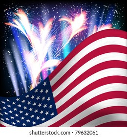 USA Flag Background. Fireworks In The Night Starry Sky.