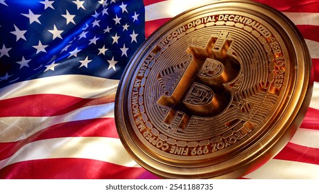 USA Flag and Bitcoin. 3D render