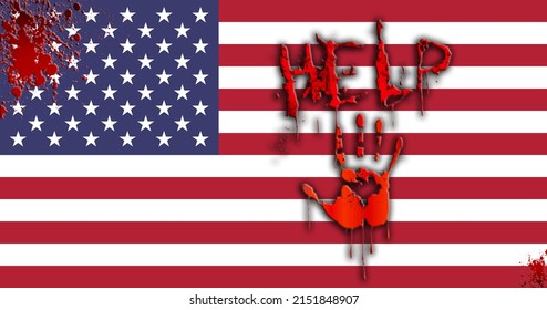 USA Flag With Bloody Help Me Sign And Handpring