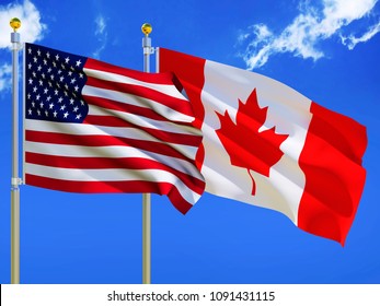 USA flag Canada flag Silk waving United States of America  and Canada with maple leaf with a flagpole on a sunny blue sky background with white clouds 3D illustration