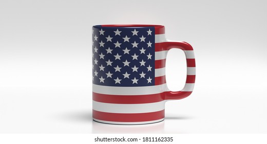 USA Flag Coffee Mug Isolated On White Background. US Of America Travel Souvenir, Election, Memorial Independence Day Sign Symbol. 3d Illustration