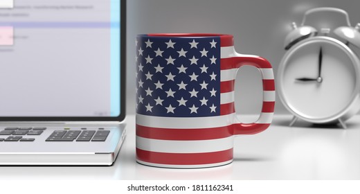 USA Flag Coffee Mug, Office Desk Background. US Of America Travel Souvenir, Election, Memorial Independence Day Sign Symbol. 3d Illustration