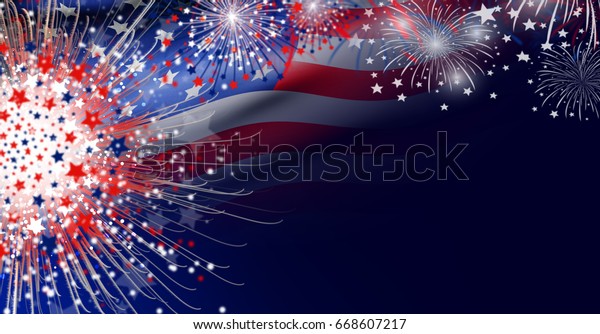 美国国旗与烟花背景设计美国7 月4 日独立日库存插图668607217