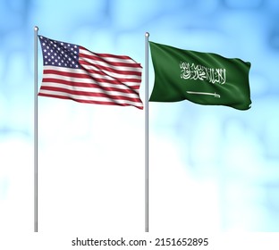 USA Flag With Saudi Arabia Flag, 3D Rendering With Cloudy Sky