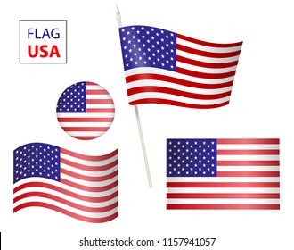 The USA   Flag. Set Of United States Flag American Symbol Wavy Shape. USA Flag In Form Circle Icon. Flag US On A Transparent Background.