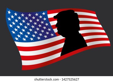 usa flag with silhouette of Donald Trump