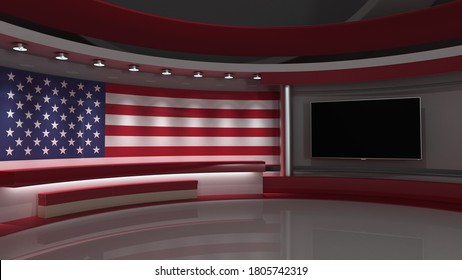 USA flag. TV studio. USA flag studio. USA flag background. Background for usa electoral programs. News studio. Elections media. 3d render. 3d
