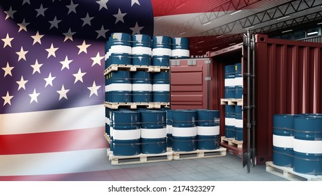 USA Fuel Industry. Barrels For Crude Oil In Sea Container. USA Fuel Logistics Concept. Barrels Of Oil In Front American Flag. Oil Industry Of United States Of America. Fuel For Export. 3d Rendering