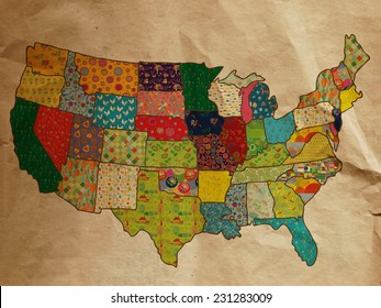USA funny map the old paper    illustration for kids