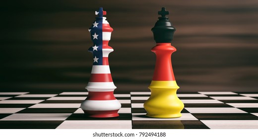 USA and Germany cooperation concept. US America and Germany flags on chess kings on a chess board, brown wooden background. 3d illustration