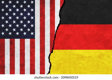 USA and Germany painted flags on a wall with a crack. USA and Germany relations. Germany and United States of America flags together. USA vs Germany